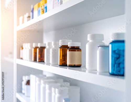 Shelf with Lots of Prescription Medicine Bottles 12