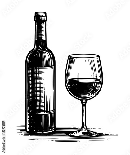 engraved wine bottle and glass illustration