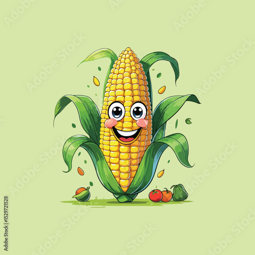 Happy cartoon corn on the cob with vegetables