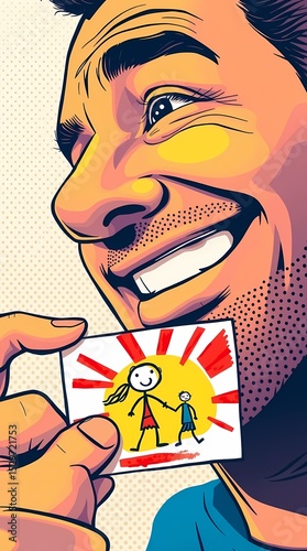 Man smiling while holding a drawing of a child for Father's Day, pop-art style  