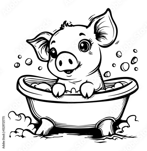 cute piglet bathing in tub illustration