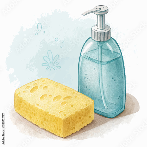 Children's book illustration of a yellow sponge and teal soap dispenser for washing