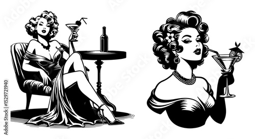 retro woman with cocktail martini illustration