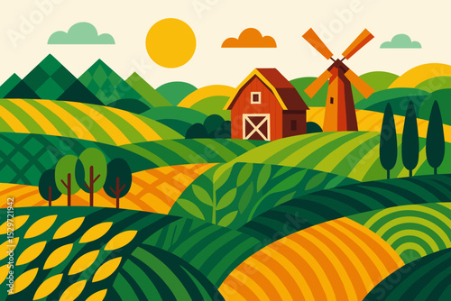 Farm landscape in geometric flat design style. Rural scene with red barn, windmill, and fields on rolling hills. Vector illustration concept for agriculture and organic farming.
