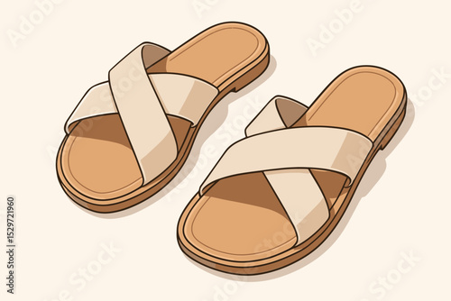 Pair of stylish women's summer slides. Casual beige sandals with comfortable criss-cross straps. Flat open-toe footwear for beach or vacation. Minimalist fashion vector illustration.