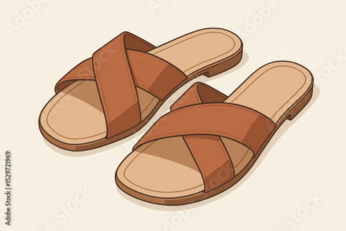 Women's summer slides illustration isolated on white background. Pair of brown leather sandals with crisscross straps. Casual open-toe flat footwear for beach, travel, vacation.