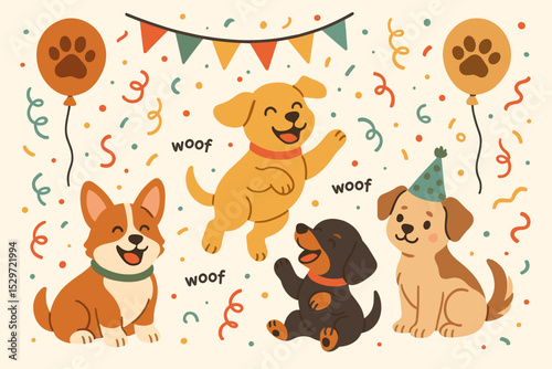 Happy dogs party vector illustration. Set of cute cartoon puppies including corgi and dachshund celebrating a birthday with confetti, balloons, and garlands. Festive animal design.