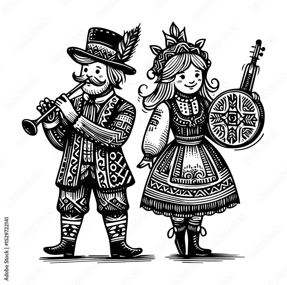 Obraz premium folk couple in traditional costume illustration