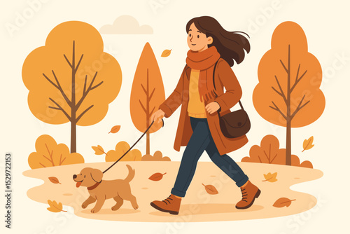 Young woman walking her happy puppy dog on a leash in an autumn park. Seasonal outdoor activity, fall landscape with orange trees and falling leaves. Flat vector illustration.