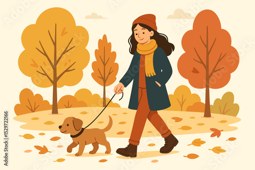 Young woman walking a cute puppy on a leash in an autumn park. Happy pet owner enjoying a walk during the fall season. Outdoor leisure activity with a dog. Vector illustration.