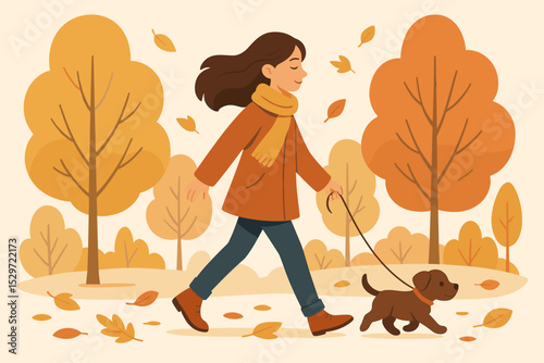 Young woman enjoying a relaxing autumn walk in the park with her cute puppy. Girl strolling with a dog on a leash among fall trees and leaves. Pet owner lifestyle concept vector.