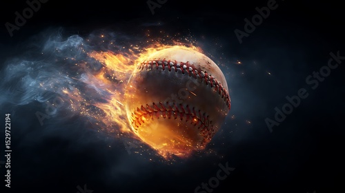 Vibrant flaming softball in mid-air surrounded by sparks and wisps of smoke against a dark mysterious black background atmosphere. .