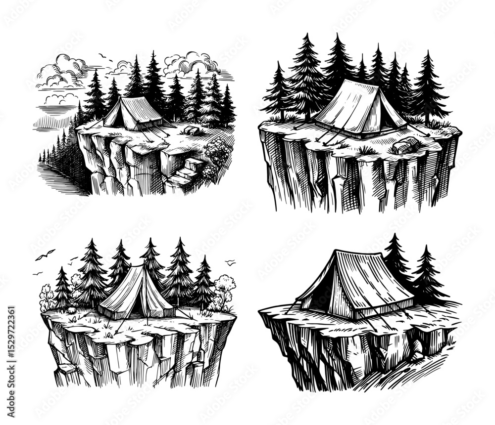 Obraz premium camping in pine forest on rocky cliffs