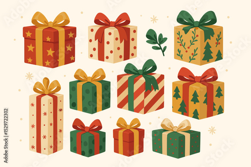 Christmas gift boxes set. Festive holiday presents collection with ribbons and bows. Vintage hand-drawn vector illustration. Retro style wrapped surprise for Xmas celebration.