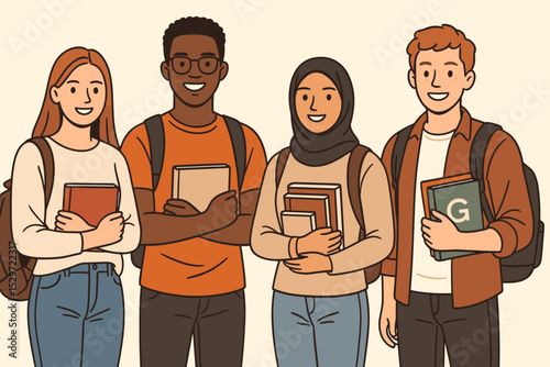 Group of diverse university students standing together. Happy multicultural friends with books and backpacks. Concept for education, inclusion, teamwork, and unity in college. Vector.