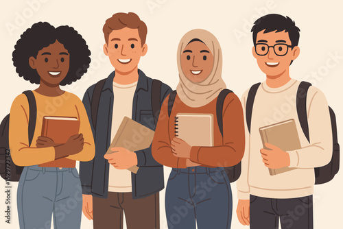 Diverse group of happy university students. Multiethnic friends with backpacks and books. Education, learning, inclusion, and friendship concept. Flat vector character illustration.