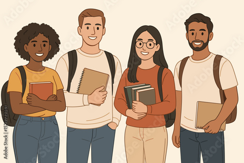 Diverse group of university students standing together with books. Happy multicultural young people ready for college. Concept of higher education, friendship, learning, unity, teamwork.