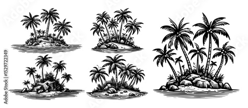 tropical islands with palm trees illustration set