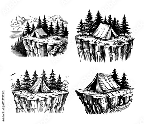 camping in pine forest on rocky cliffs