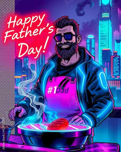 Cyberpunk-style father cooking with neon lights in urban setting  on Father's day