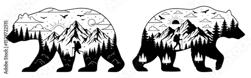 double exposure bear with mountain landscape
