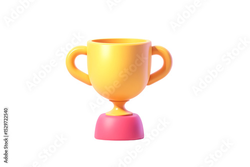 A Delightful, Cartoonish Yellow Trophy on a Pink Base cute 3D Render ,   isolated on transparent background , cutout