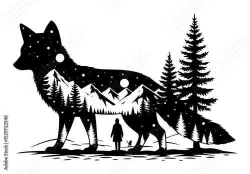 double exposure fox with mountain forest scene