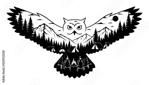 owl silhouette with mountain campsite double exposure