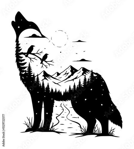 double exposure wolf with forest and mountain scene
