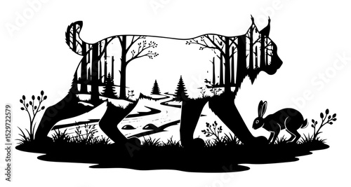 bobcat silhouette with woodland trail double exposure