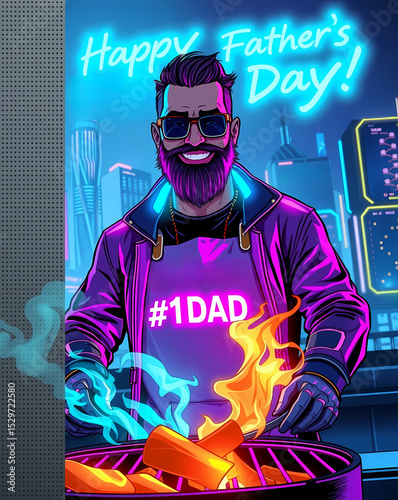 Happy Father's Day, cyberpunk style with man grilling in neon colors  