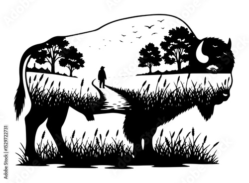 bison silhouette with grassland hiker scene