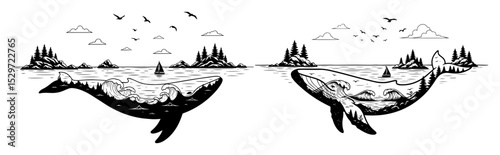 double exposure whales with ocean and island