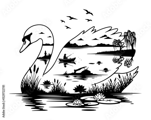 double exposure swan with wetland nature scene