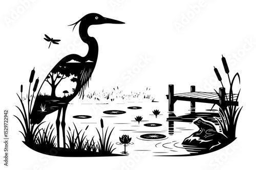 heron in pond with frog and dragonfly