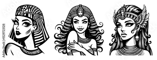 three ancient queen portraits egyptian and mythological