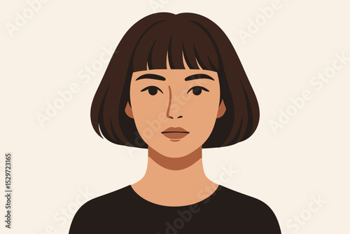 Modern bob hairstyle portrait of a beautiful woman with bangs. Stylish brunette girl face. Flat vector illustration for beauty, fashion, salon concept or female avatar headshot.