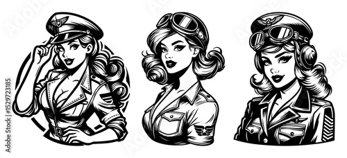 vintage female pilot portraits in military uniform