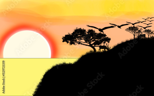 A peaceful sunset scene where nature comes to life in silhouette. With a glowing yellow-orange sky, gentle grassy hills, and deer roaming freely beneath flying birds.