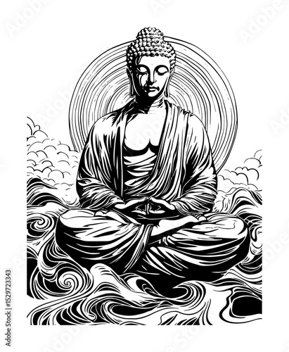 buddha meditating in clouds with spiritual aura