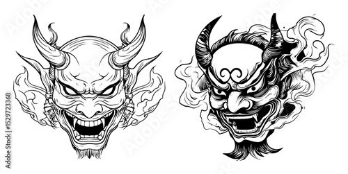 japanese oni demon mask illustrations