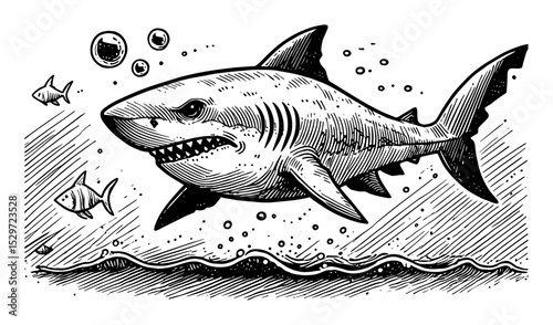 engraved shark swimming underwater illustration