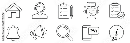 Customer service and support 10 outline icons collection. Support and service icons for web and mobile app. Online help, assistance, customer, 24 hrs, service and more. Vector illustration.