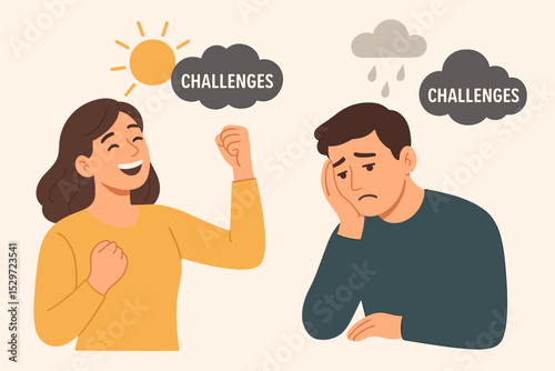 Vector illustration of optimism versus pessimism. Happy woman and sad man face challenges. Positive vs negative mindset, psychology concept, mental health, emotional state.