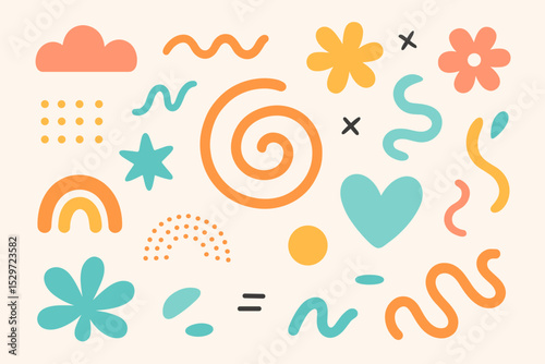 Set of colorful abstract shapes and doodle elements. Playful hand drawn paper cutout style illustration with rainbow, heart, flower, and star. Modern minimalist boho design icons.