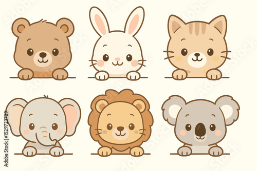Cute peeking animals set. Kawaii cartoon characters collection including bear, rabbit, cat, elephant, lion, and koala. Adorable baby animal faces for nursery decor. Vector.