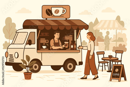 Coffee truck business concept. Barista in a food van serving takeaway coffee to a female customer. Mobile coffee shop at an outdoor market. Street food lifestyle vector illustration.