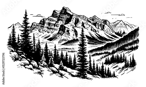 mountain ridge with evergreen trees engraving