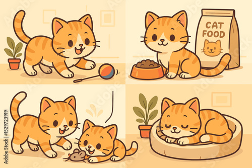 Cute ginger kitten daily routine cartoon set. Cat playing with a toy, eating cat food, and sleeping in a bed. Pet care and domestic animal life comic strip. Vector illustration.