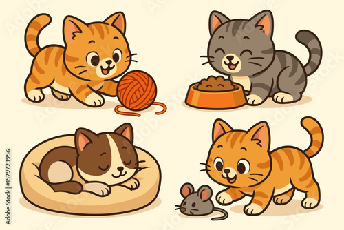 Cute cartoon kitten set. Adorable cats playing with yarn and mouse, eating from bowl, and sleeping in bed. Kawaii pet vector illustration collection for kids or veterinary.